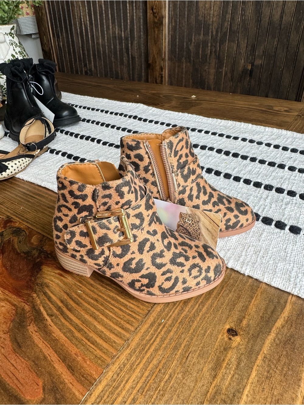 Girls Leopard Print Ankle Boots with Gold Buckle